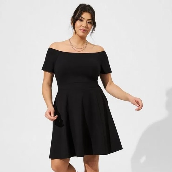 Mini Foxy Off Shoulder Skater Dress - Black - Picture 1 of 3
